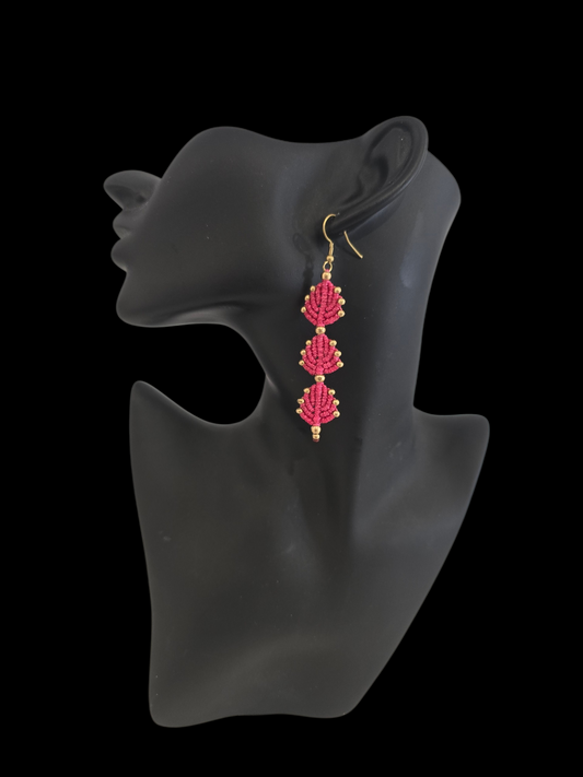 Leaf Earrings - 3 Drop - Dark Pink